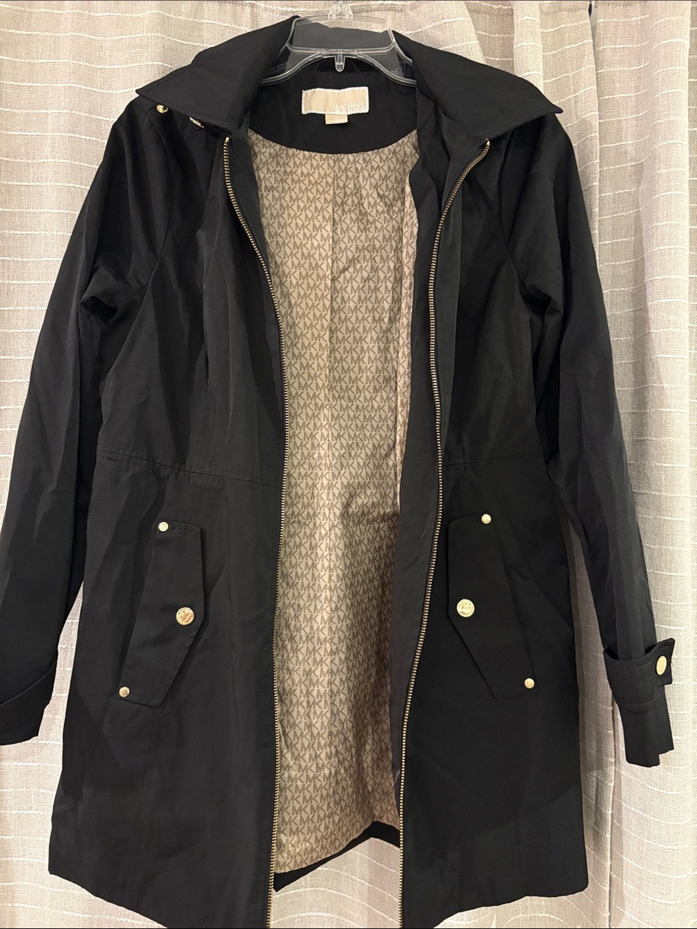 Michael Kors Black Trench Coat with Gold Hardware